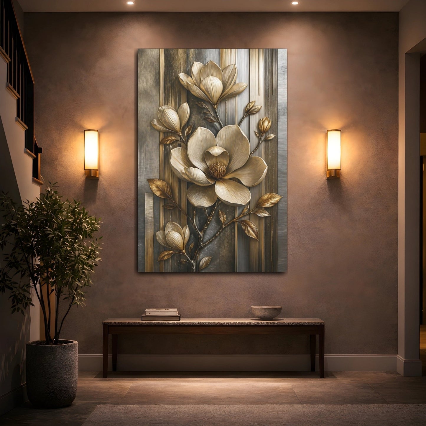 Floral Golden Magnolia Gold And Gray Canvas Print – Luxury Decor for Living Room, Above Fireplace - YesArtYes