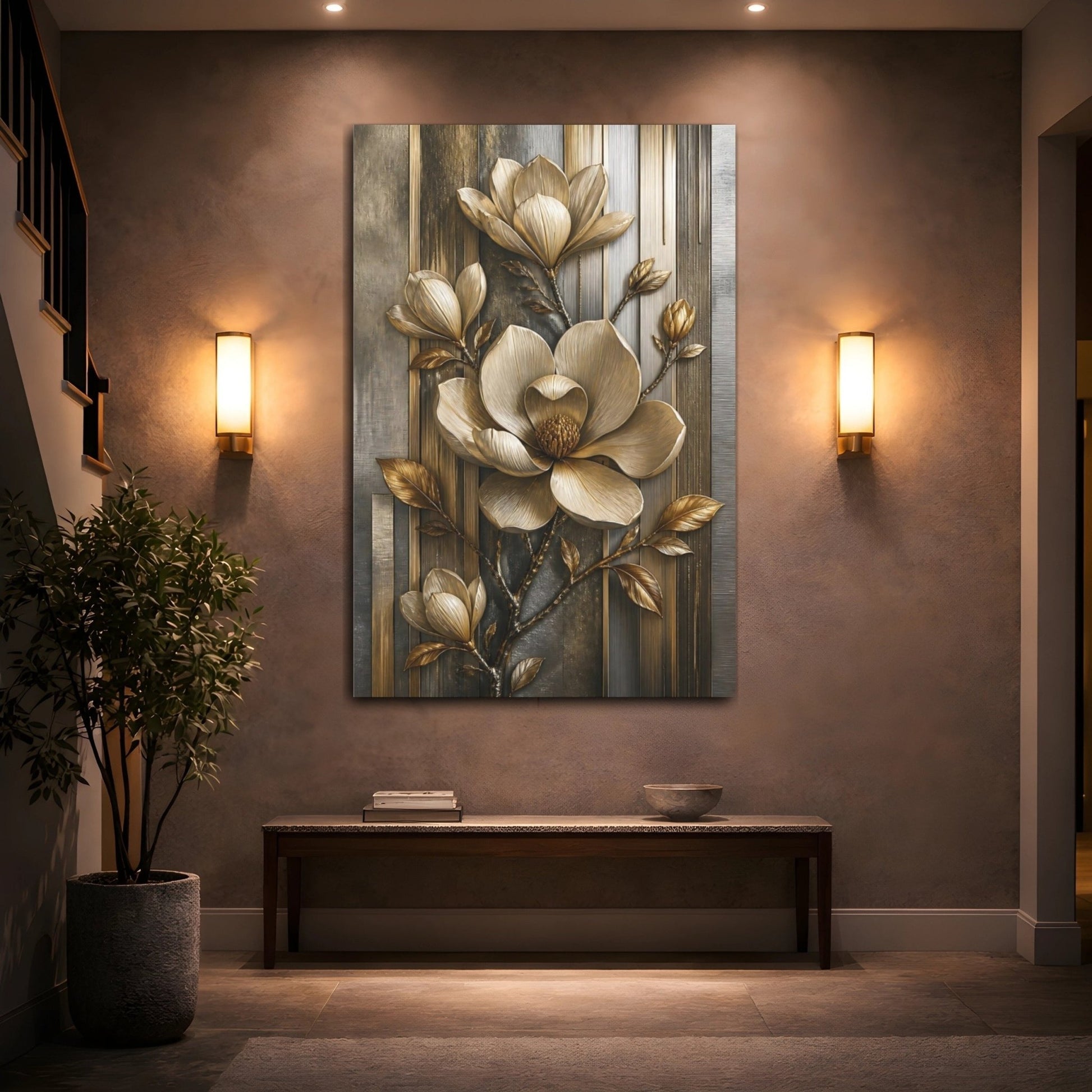 Floral Golden Magnolia Gold And Gray Canvas Print – Luxury Decor for Living Room, Above Fireplace - YesArtYes