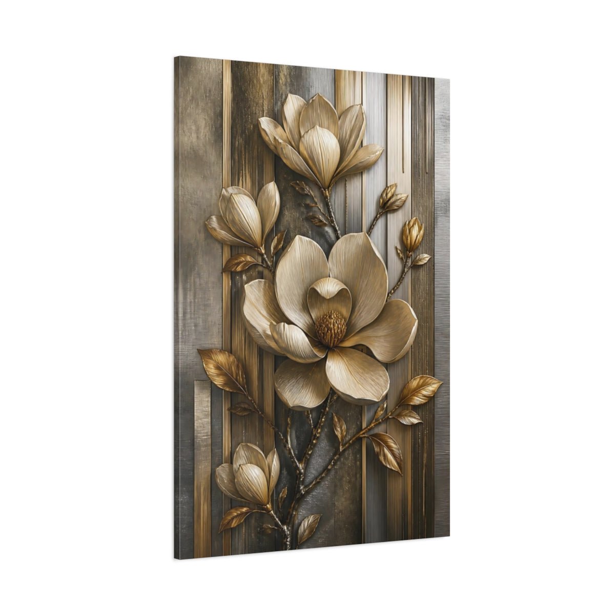 Floral Golden Magnolia Gold And Gray Canvas Print – Luxury Decor for Living Room, Above Fireplace - YesArtYes