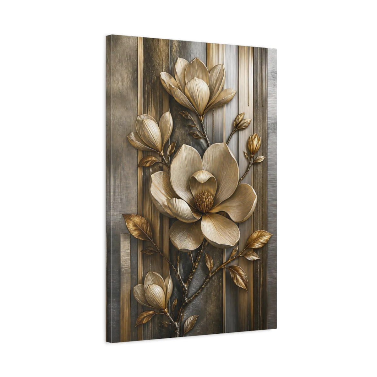 Side Mockup 2. Floral Golden Magnolia Gold And Gray Floral shown as stretched canvas wall art