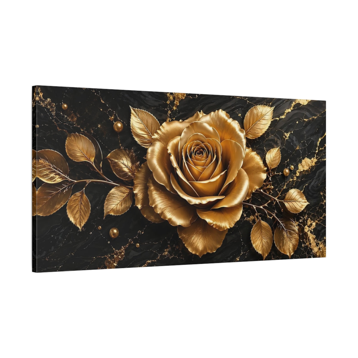 Main Mockup. Floral Golden Rose Black And Gold shown as stretched canvas wall art