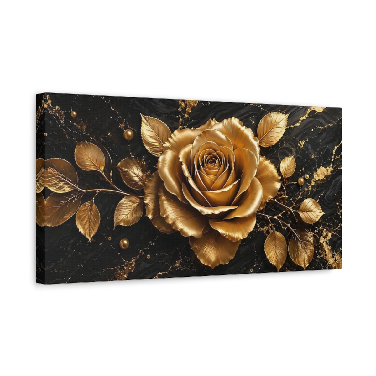 Side Mockup 3. Floral Golden Rose Black And Gold shown as stretched canvas wall art