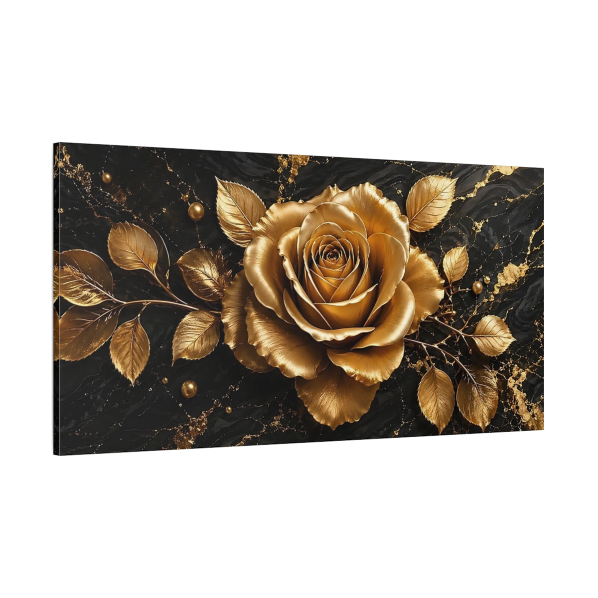 Side Mockup 2. Floral Golden Rose Black And Gold shown as stretched canvas wall art