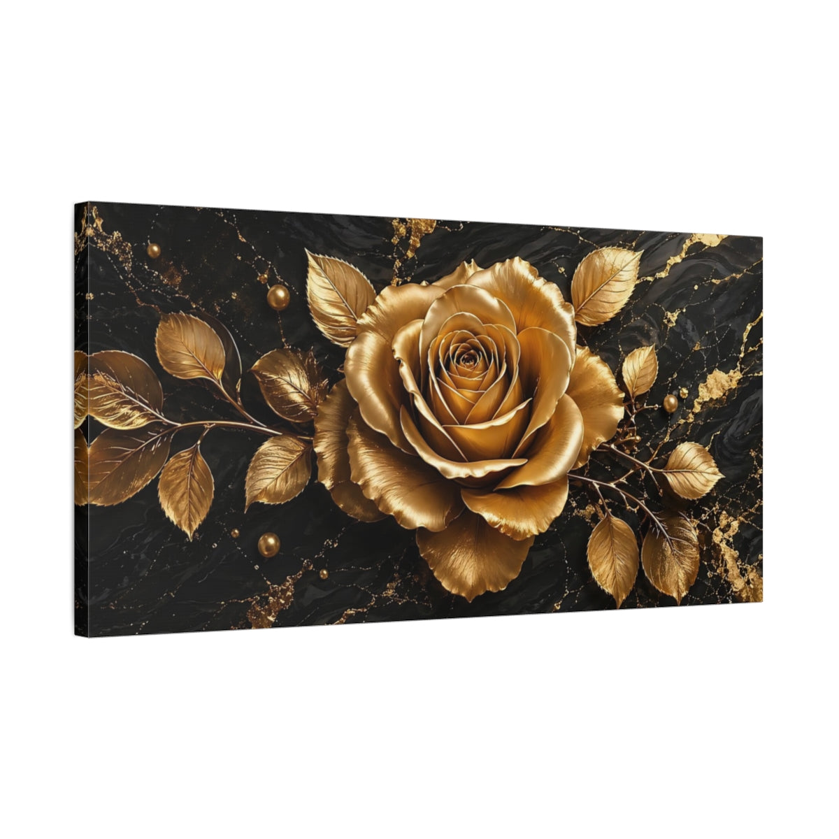 Side Mockup 1. Floral Golden Rose Black And Gold shown as stretched canvas wall art