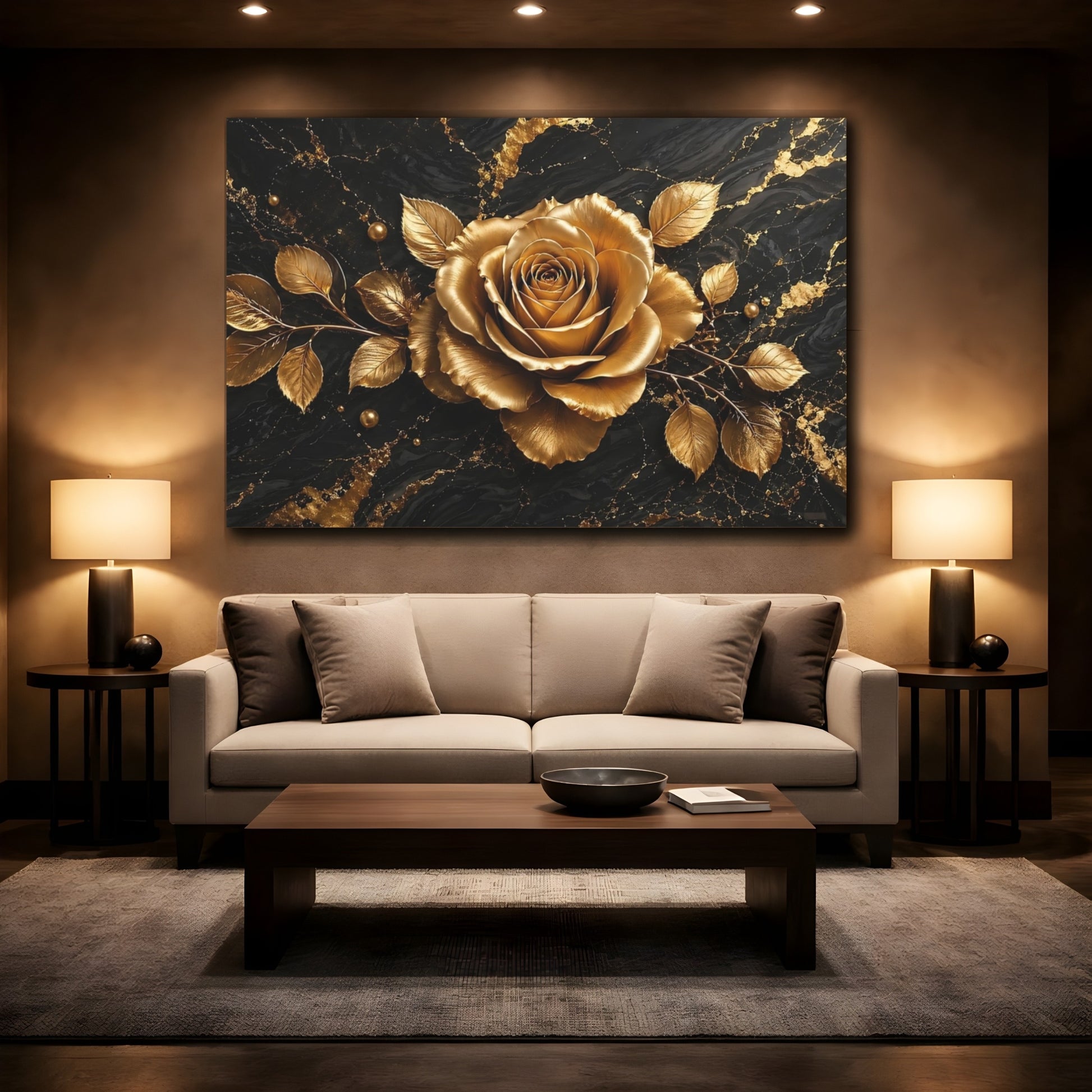 Mockup 2. Floral Golden Rose Black And Gold shown as stretched canvas wall art