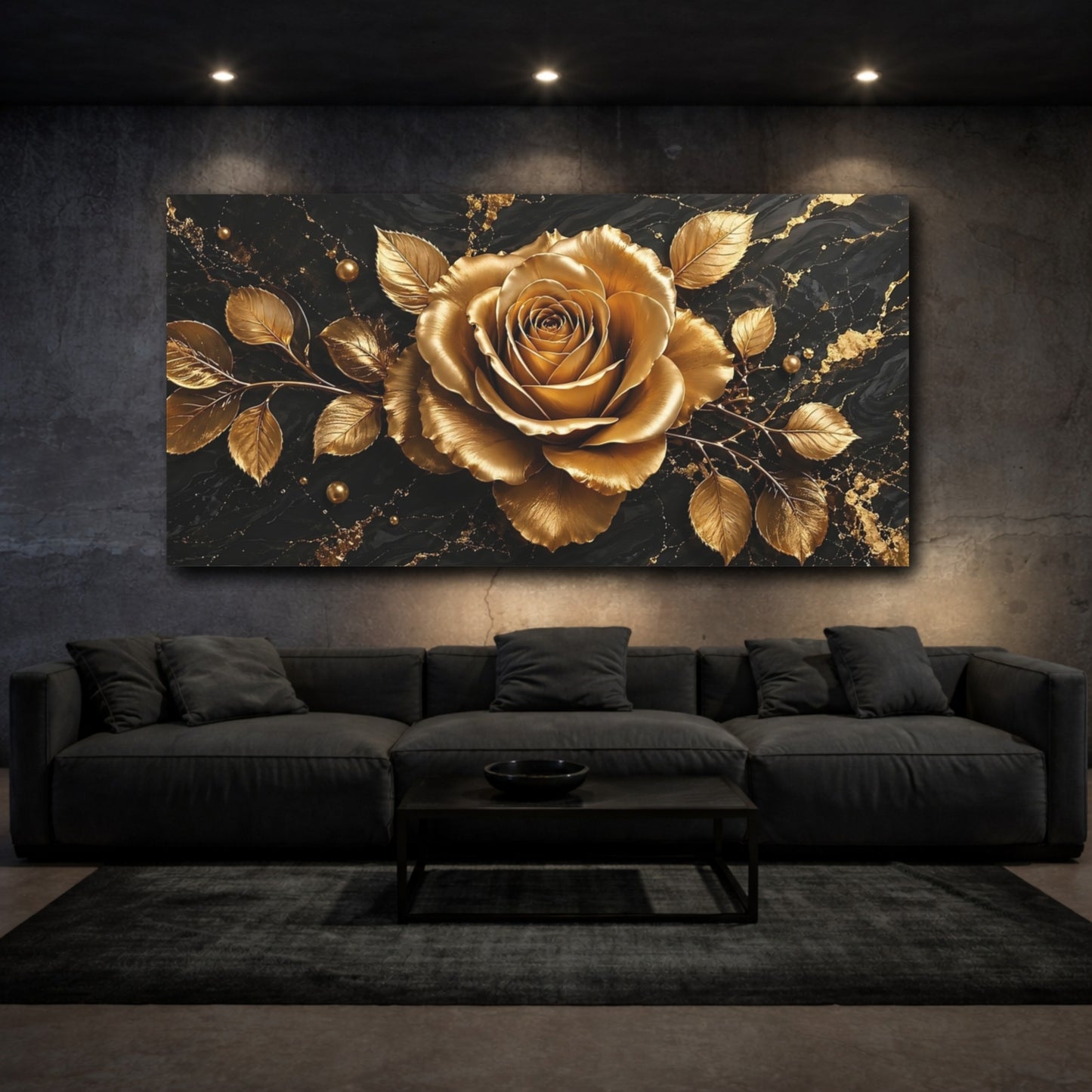 Mockup 2. Floral Golden Rose Black And Gold shown as stretched canvas wall art