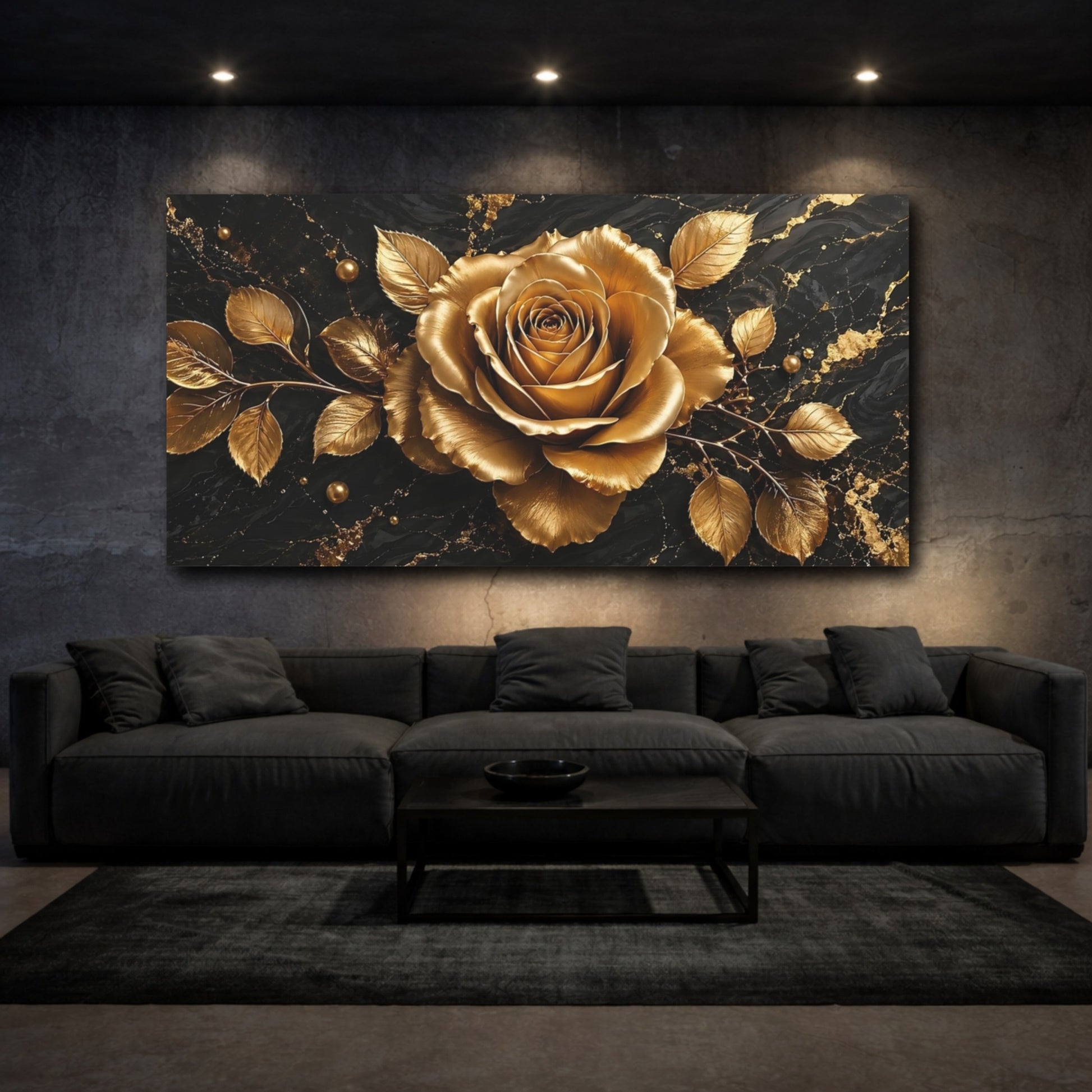 Mockup 2. Floral Golden Rose Black And Gold shown as stretched canvas wall art