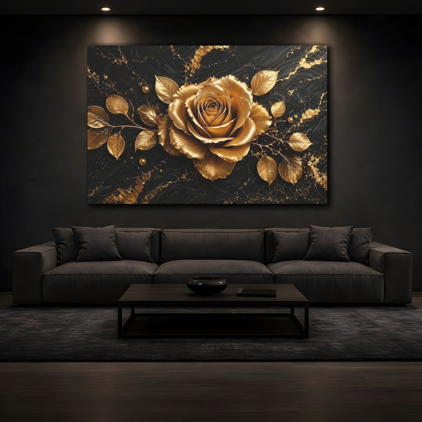 Mockup 3. Floral Golden Rose Black And Gold shown as stretched canvas wall art