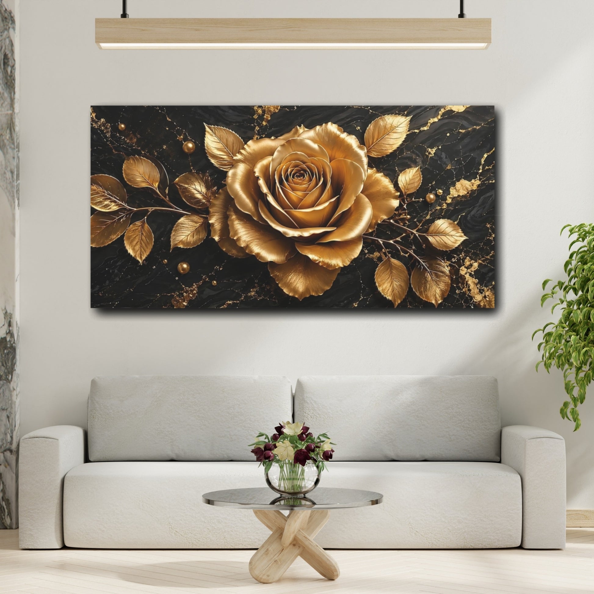 Mockup 3. Floral Golden Rose Black And Gold shown as stretched canvas wall art