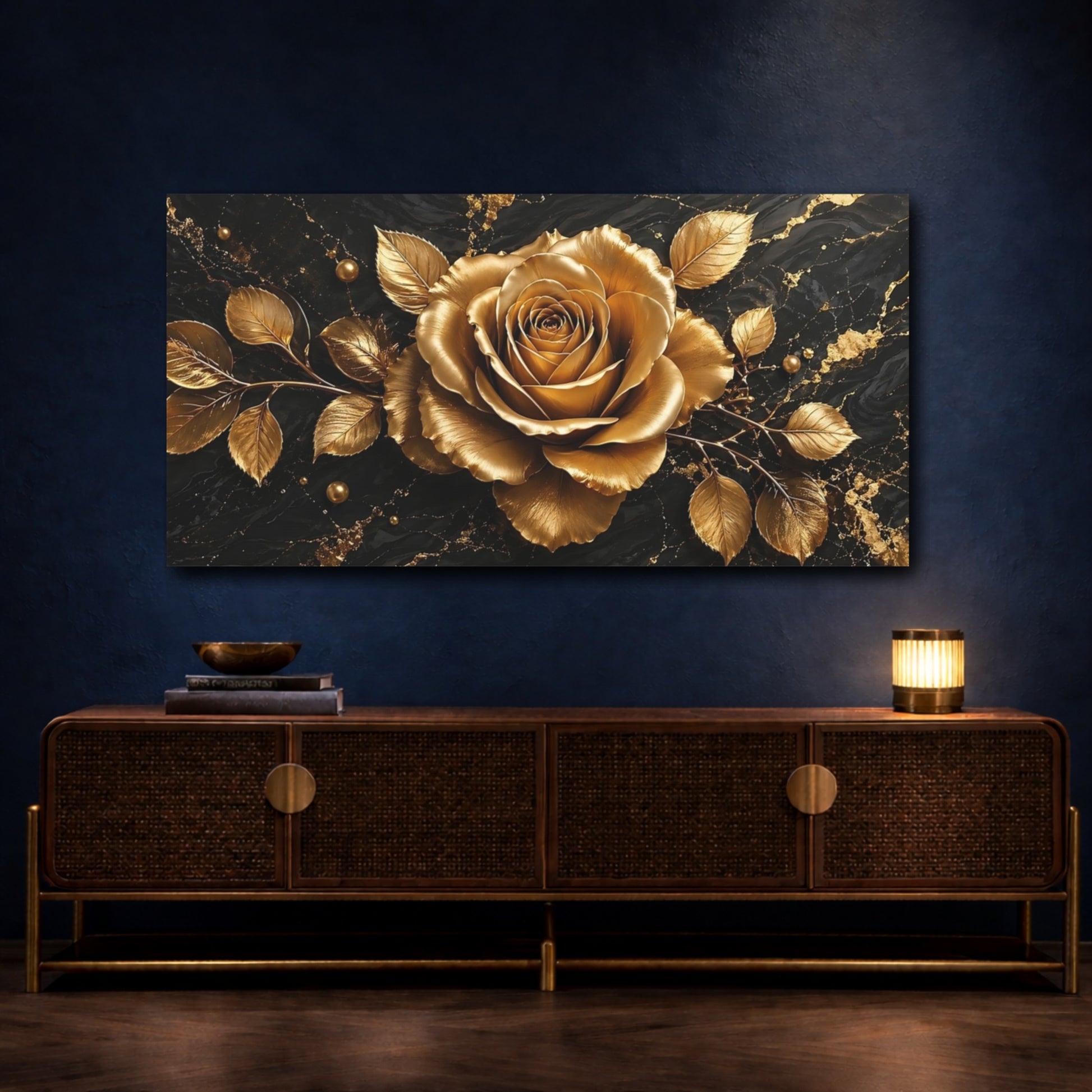 Mockup 4. Floral Golden Rose Black And Gold shown as stretched canvas wall art