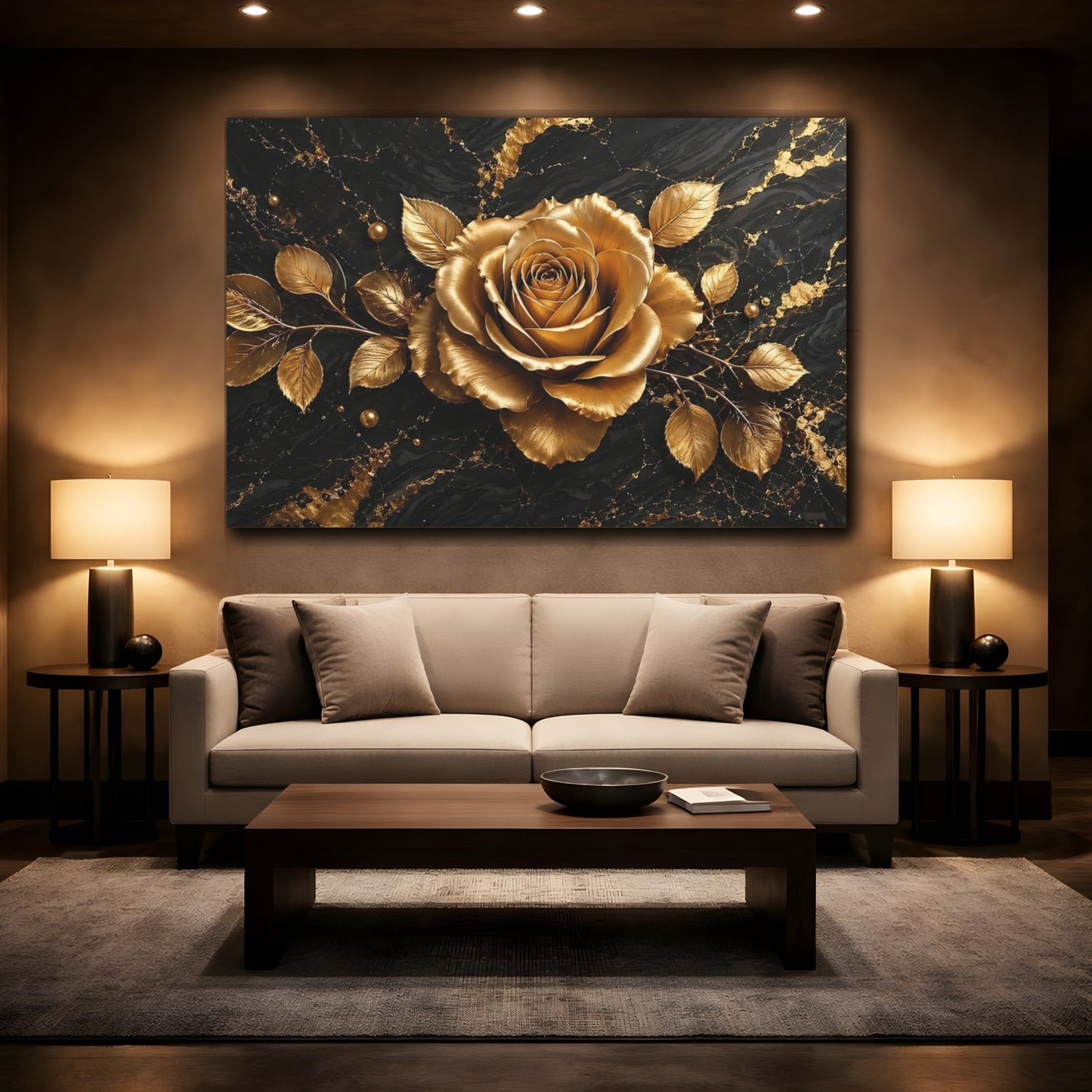 Mockup 2. Floral Golden Rose Gold And Black shown as stretched canvas wall art
