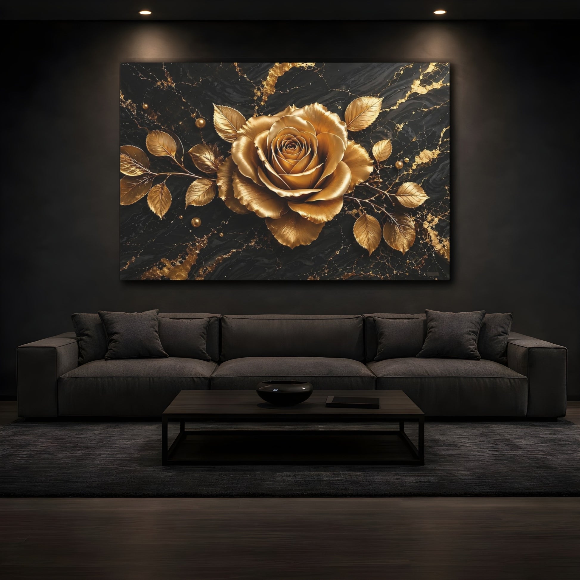 Mockup 3. Floral Golden Rose Gold And Black shown as stretched canvas wall art
