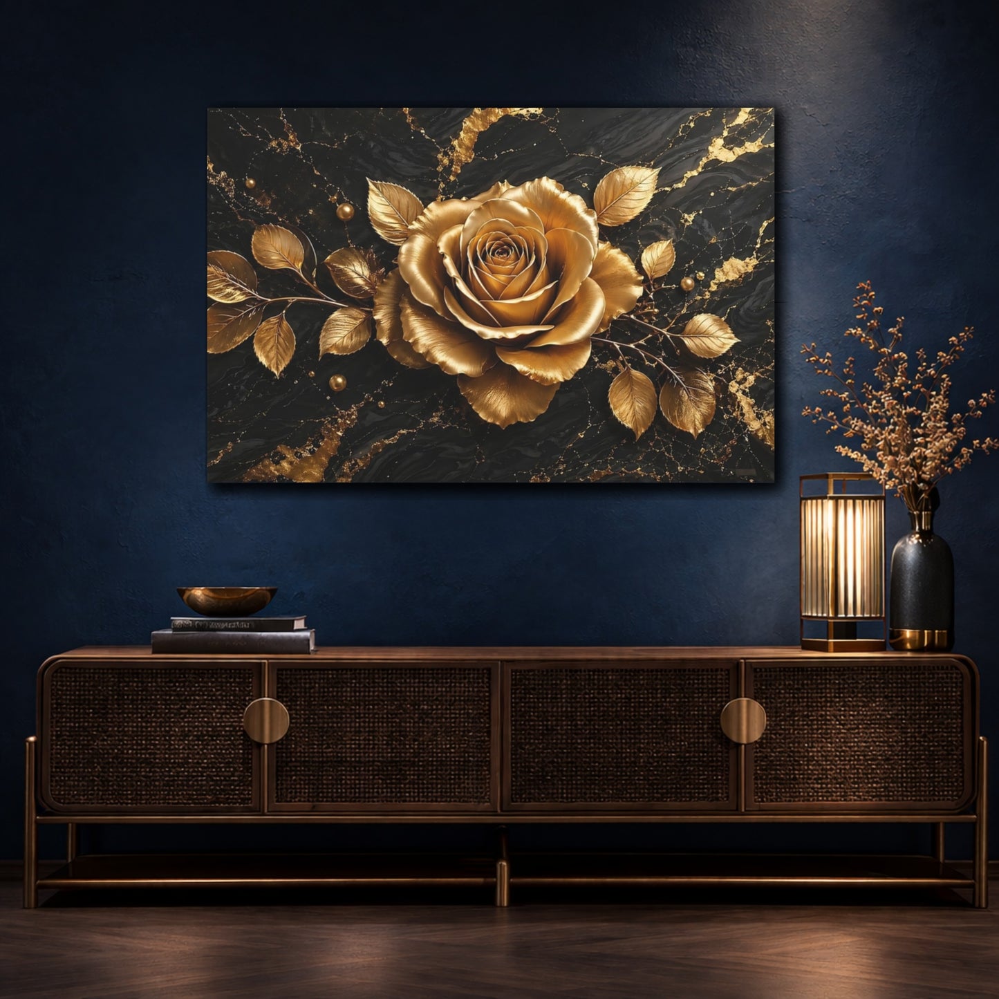 Mockup 4. Floral Golden Rose Gold And Black shown as stretched canvas wall art