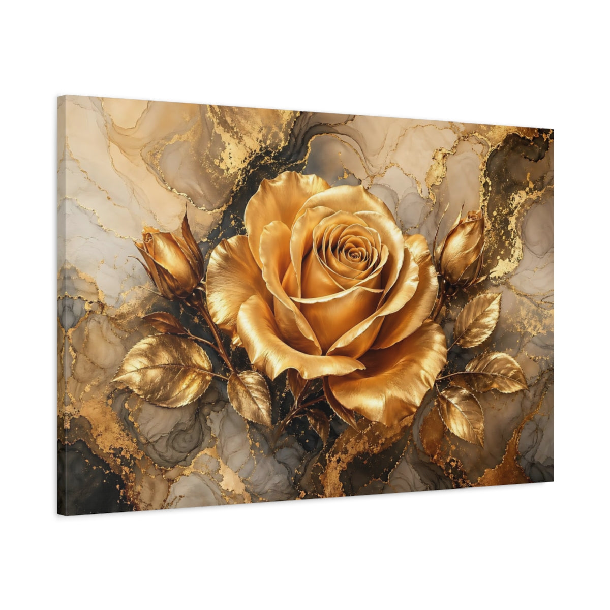 Main Mockup. Floral Golden Rose Gold And Gray shown as stretched canvas wall art