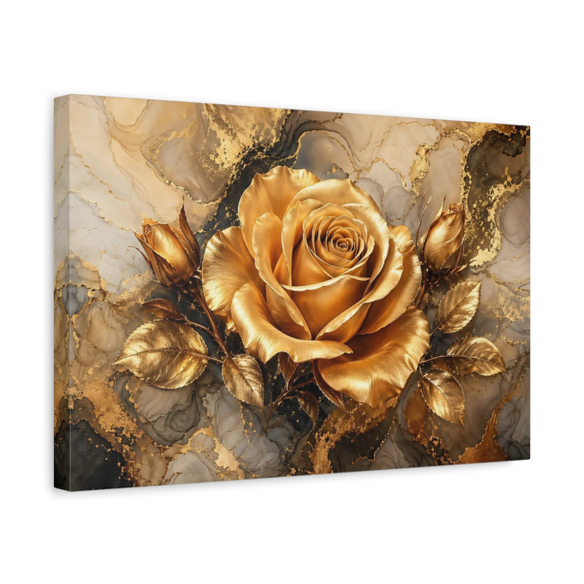 Side Mockup 4. Floral Golden Rose Gold And Gray shown as stretched canvas wall art