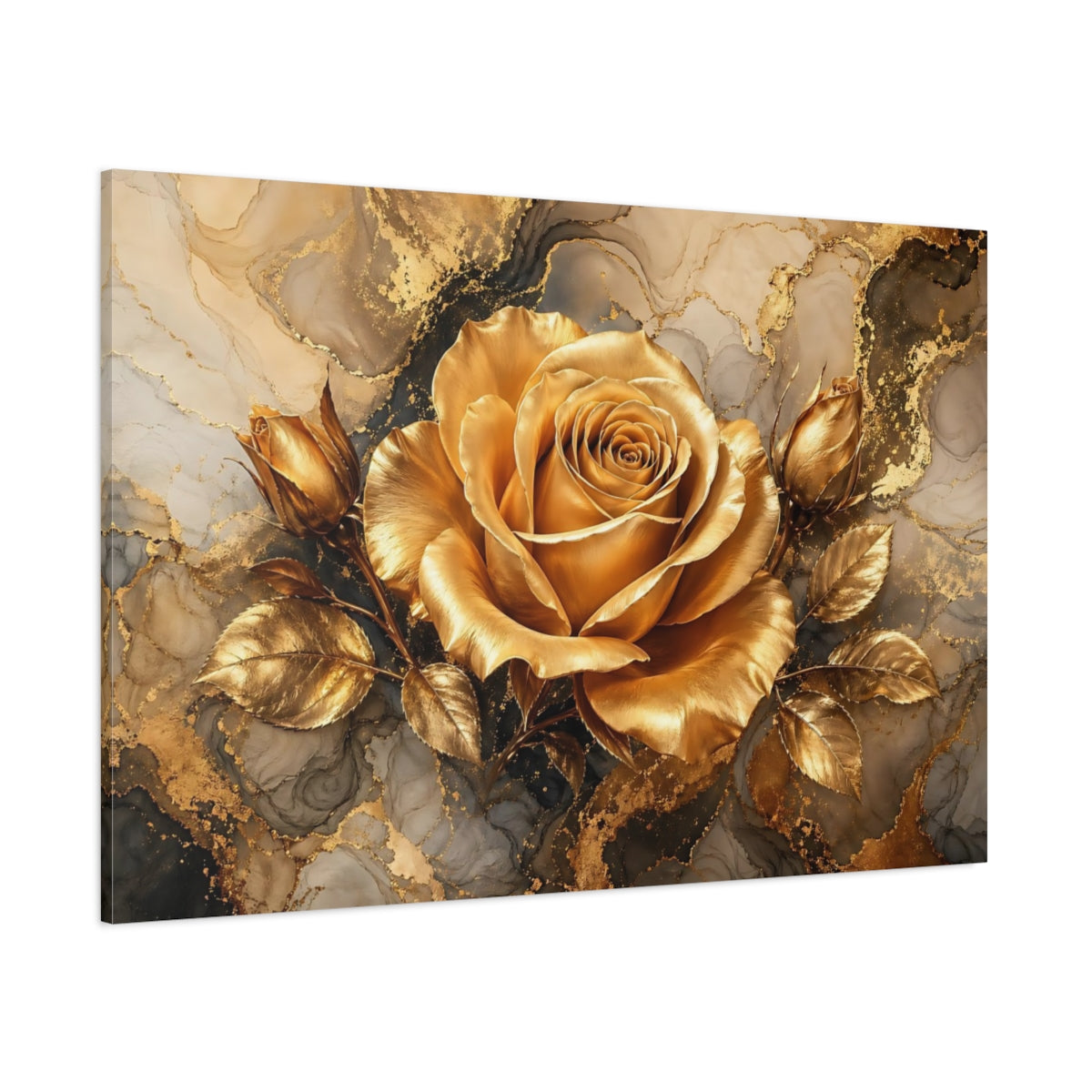 Side Mockup 1. Floral Golden Rose Gold And Gray shown as stretched canvas wall art