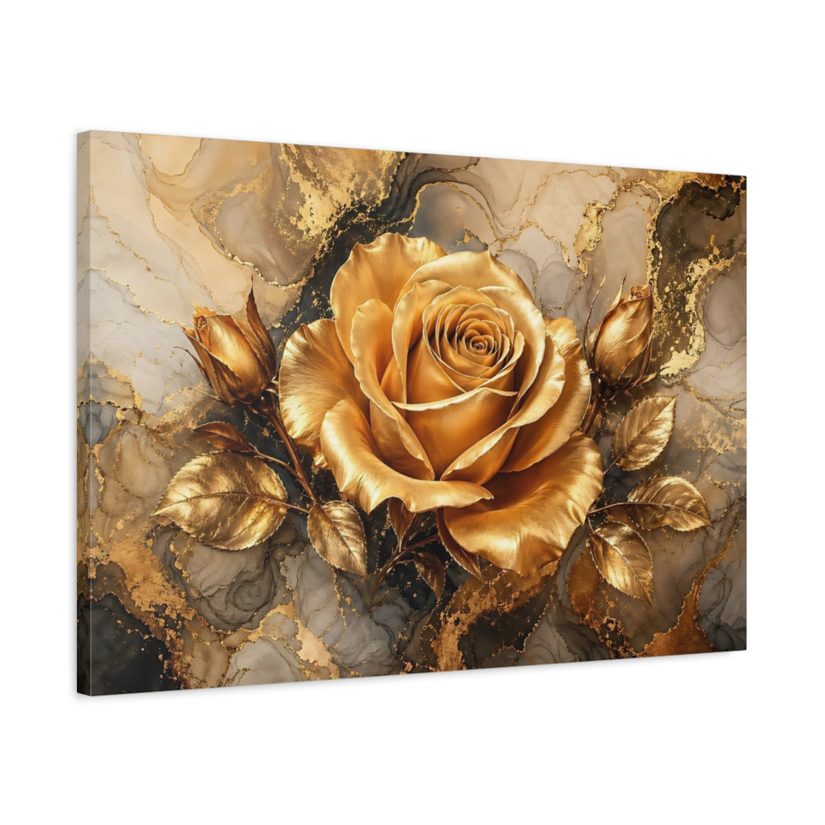 Side Mockup 2. Floral Golden Rose Gold And Gray shown as stretched canvas wall art