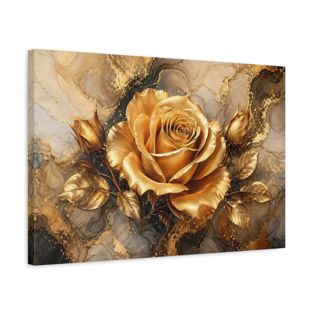Side Mockup 3. Floral Golden Rose Gold And Gray shown as stretched canvas wall art