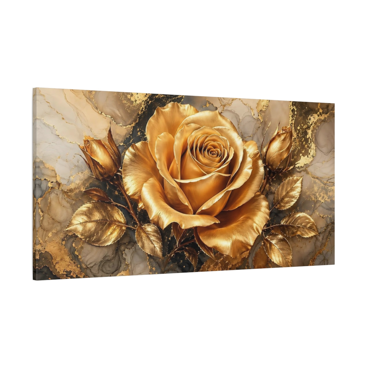 Side Mockup 2. Floral Golden Rose Gold And Gray shown as stretched canvas wall art