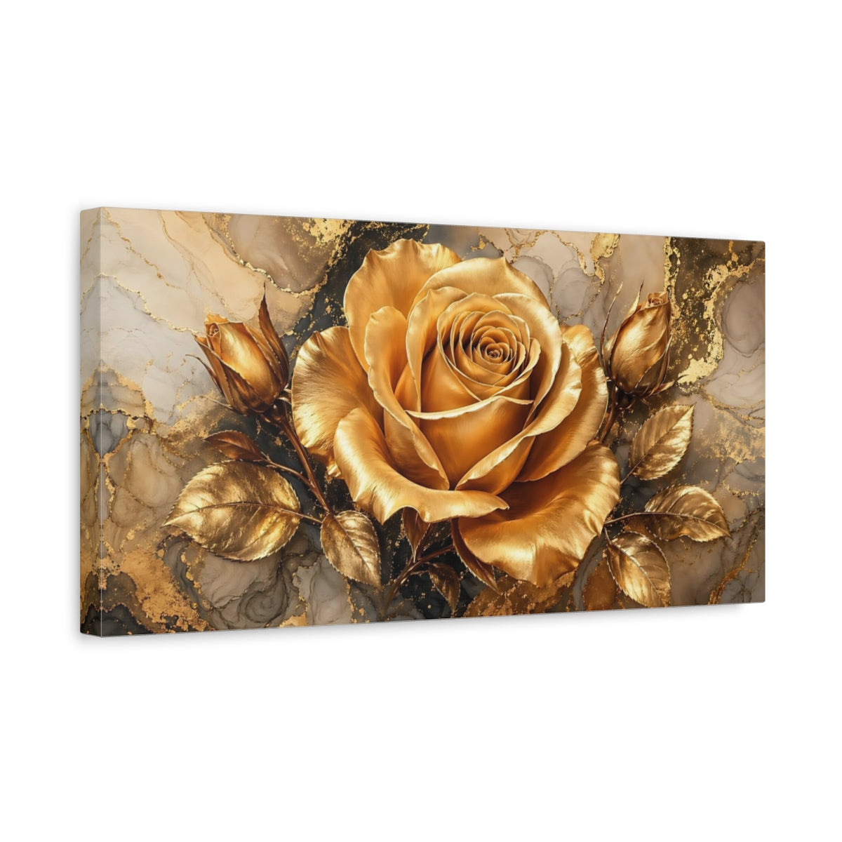 Side Mockup 3. Floral Golden Rose Gold And Gray shown as stretched canvas wall art