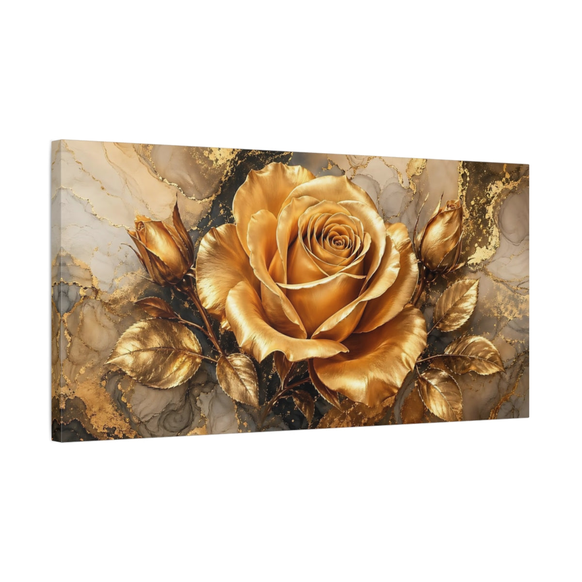 Side Mockup 1. Floral Golden Rose Gold And Gray shown as stretched canvas wall art