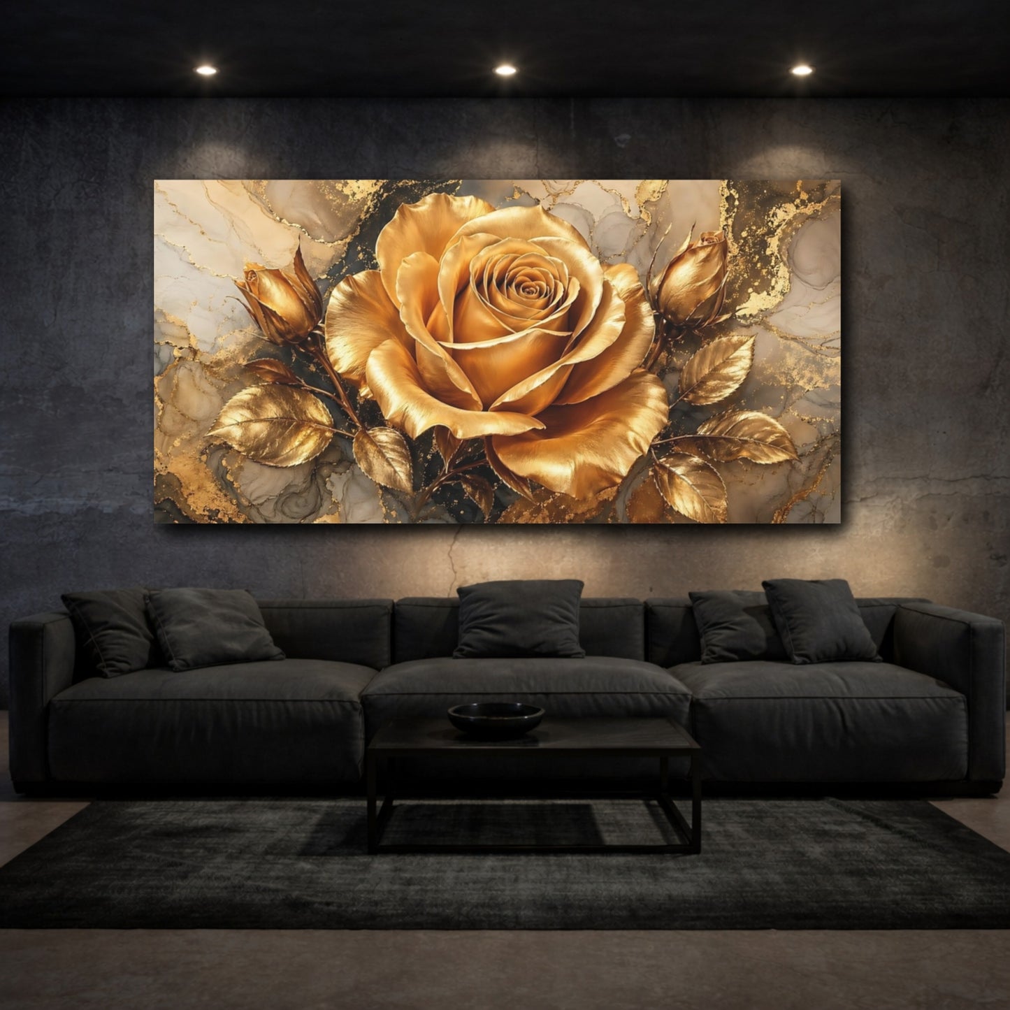 Mockup 2. Floral Golden Rose Gold And Gray shown as stretched canvas wall art
