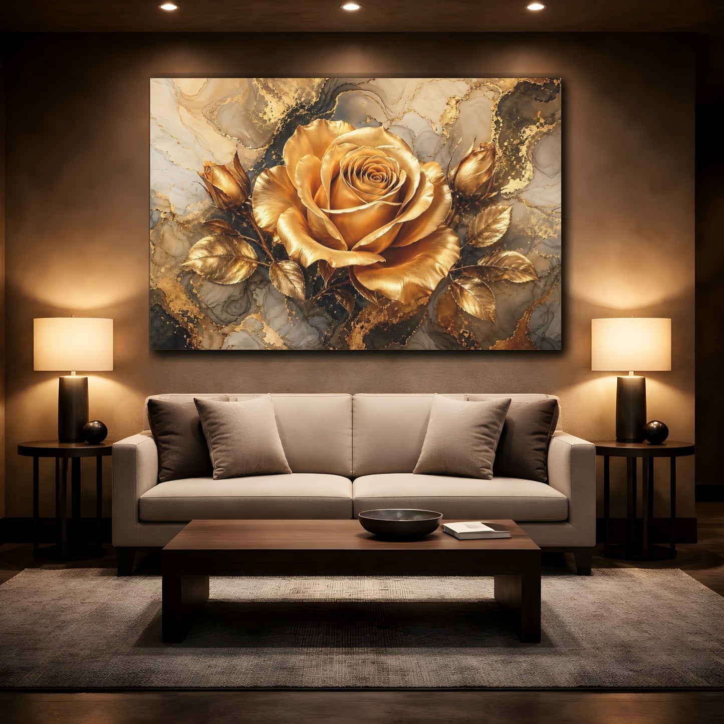 Mockup 2. Floral Golden Rose Gold And Gray shown as stretched canvas wall art