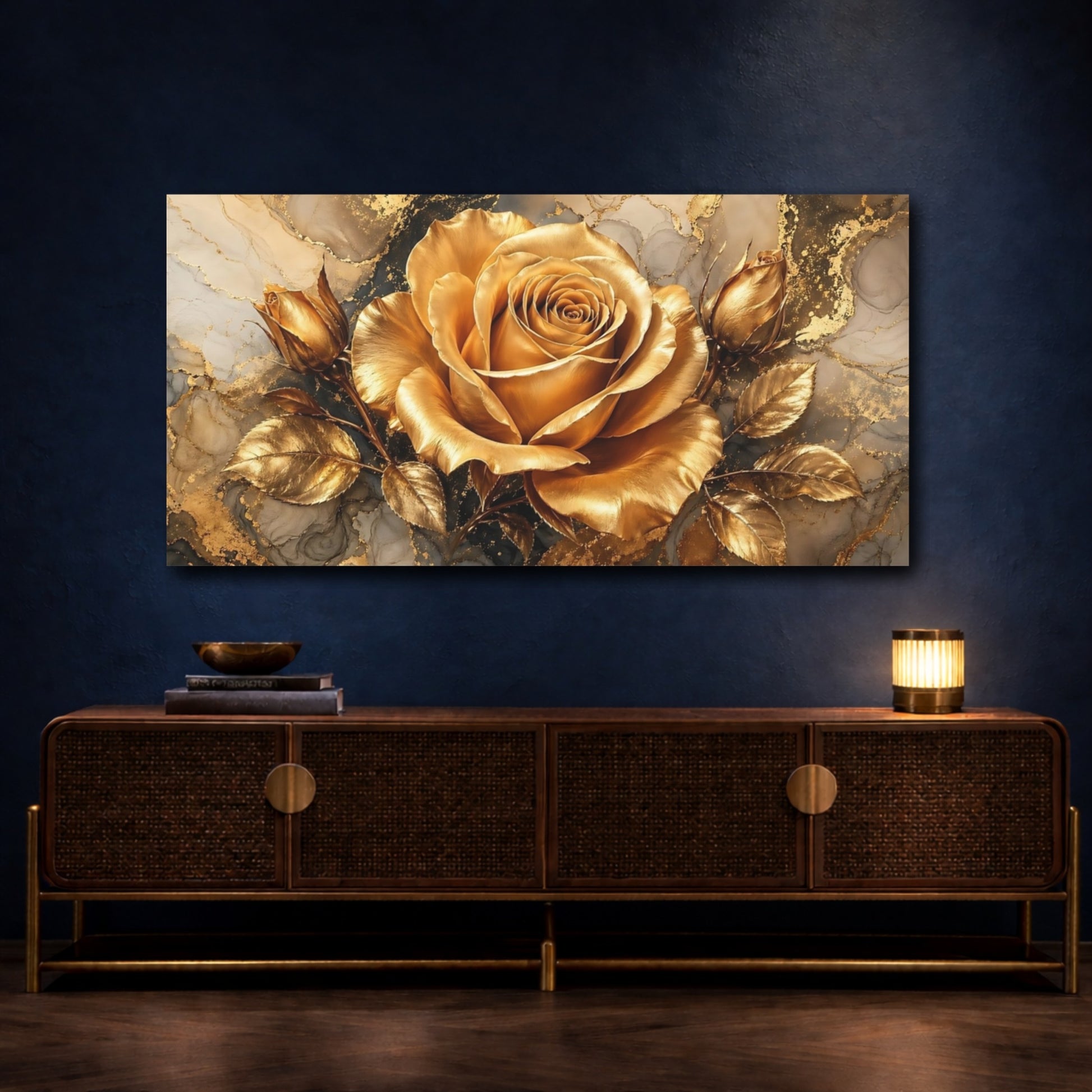 Mockup 3. Floral Golden Rose Gold And Gray shown as stretched canvas wall art