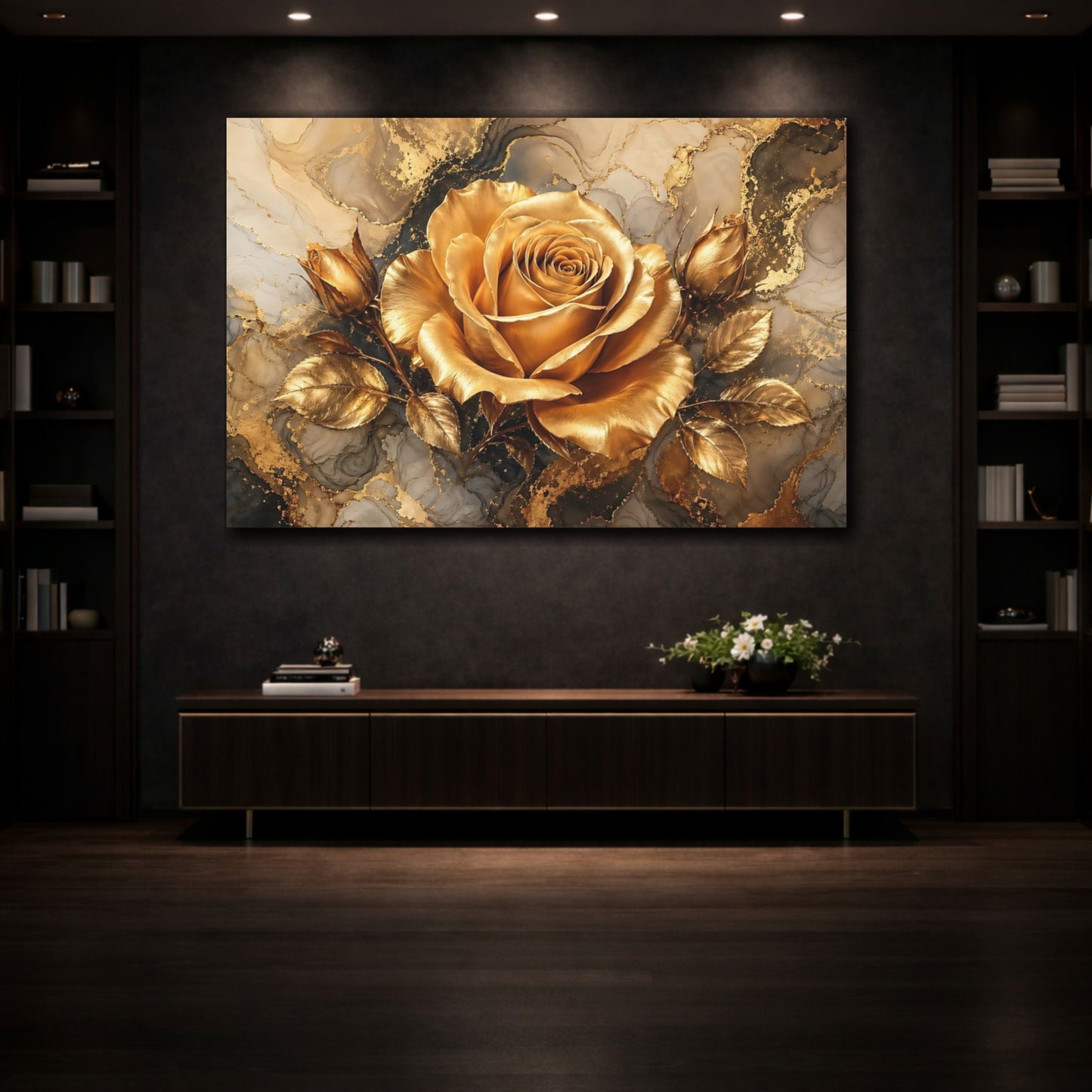 Mockup 3. Floral Golden Rose Gold And Gray shown as stretched canvas wall art