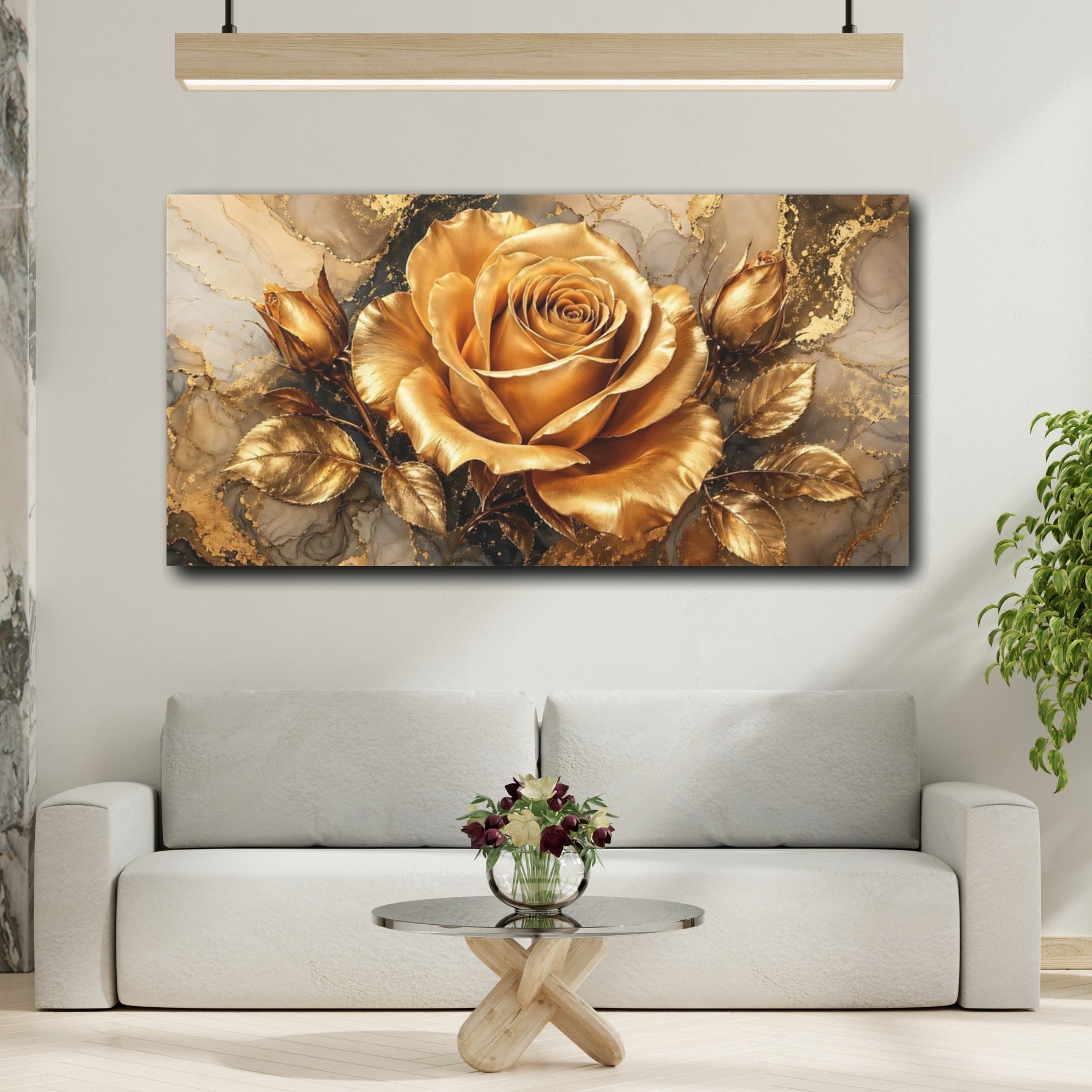 Mockup 4. Floral Golden Rose Gold And Gray shown as stretched canvas wall art