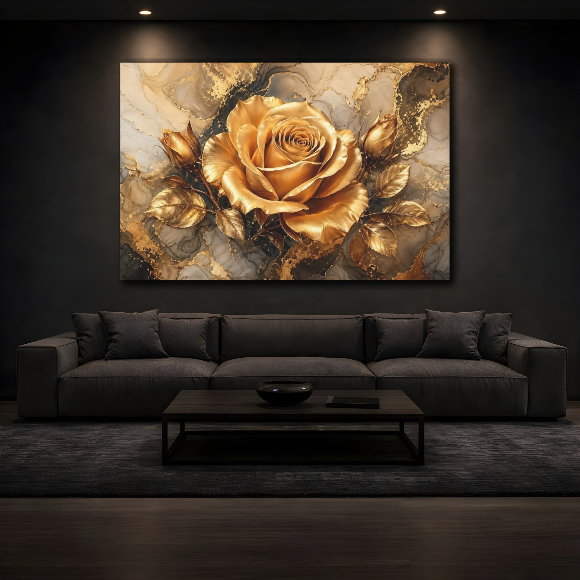 Mockup 4. Floral Golden Rose Gold And Gray shown as stretched canvas wall art