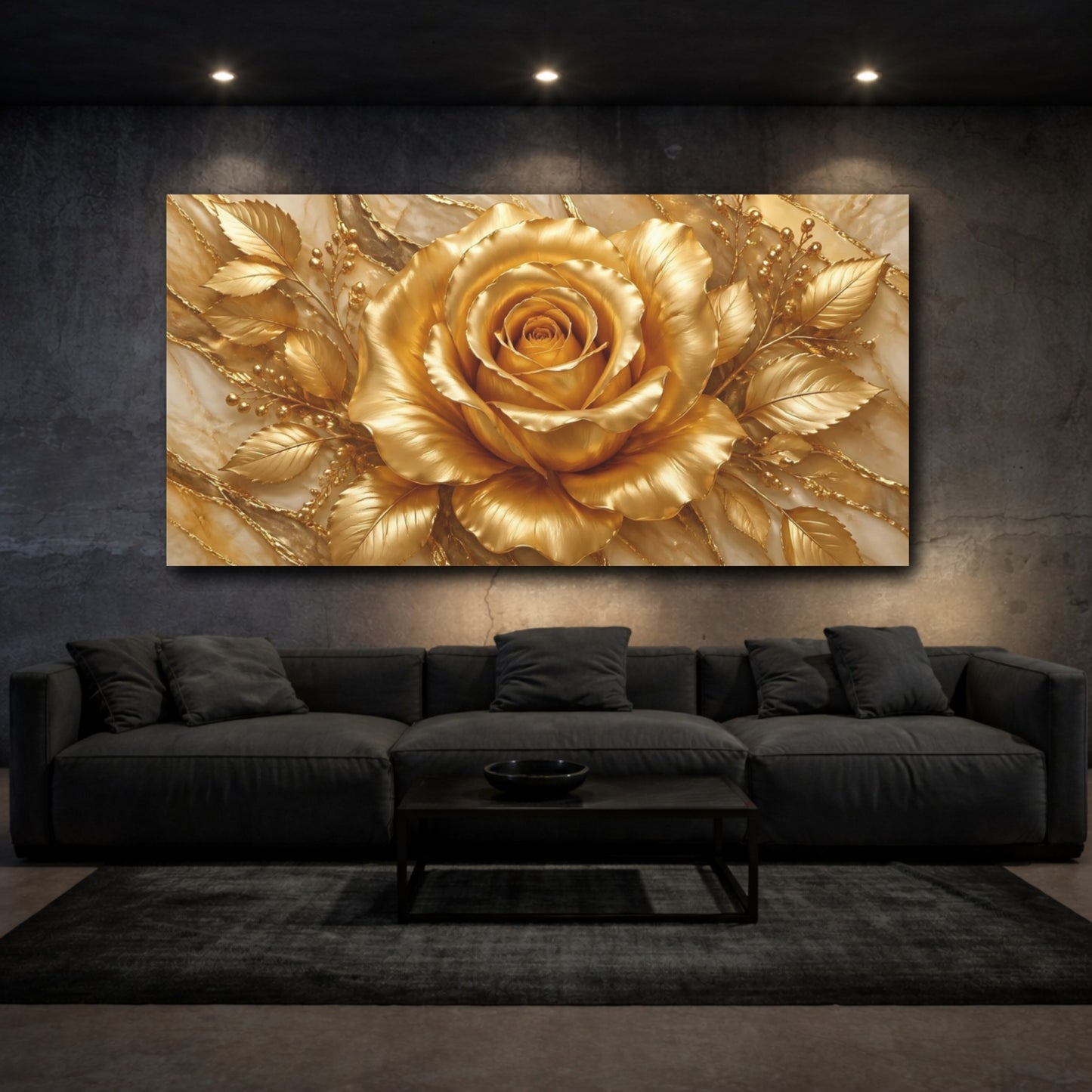 Mockup 2. Floral Golden Rose Gold Floral shown as stretched canvas wall art