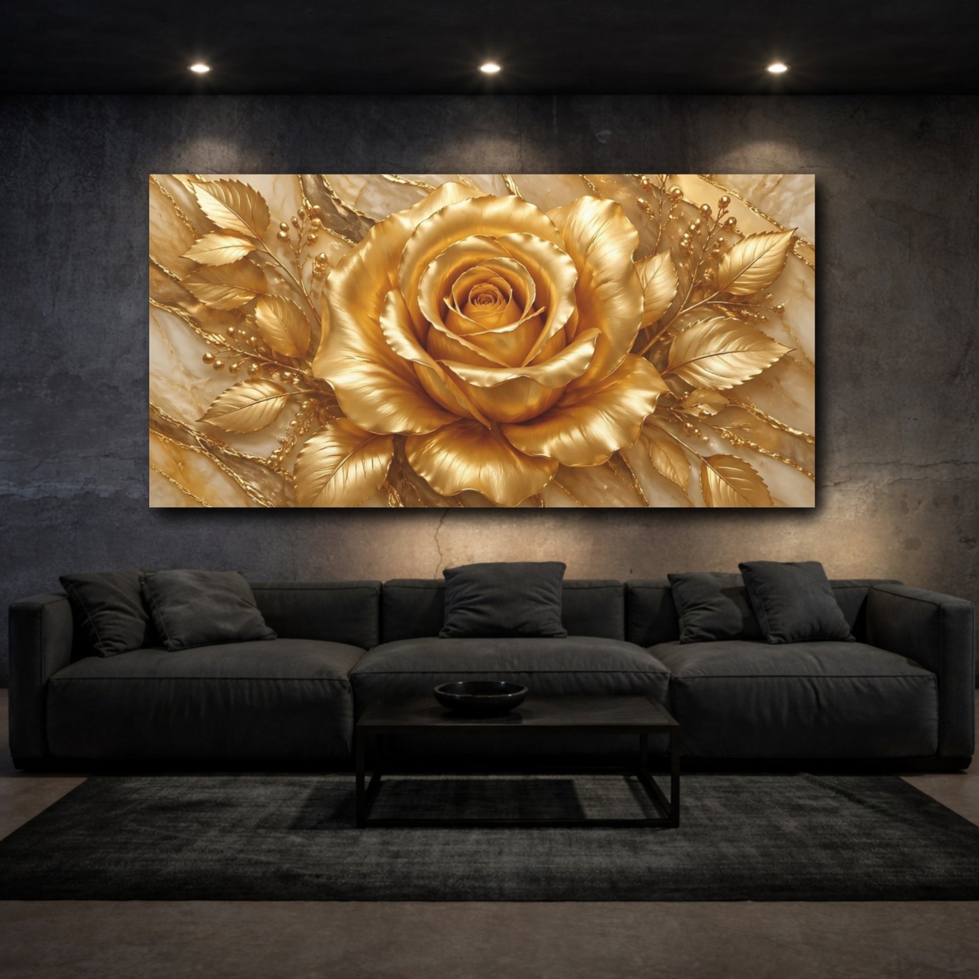 Mockup 2. Floral Golden Rose Gold Floral shown as stretched canvas wall art