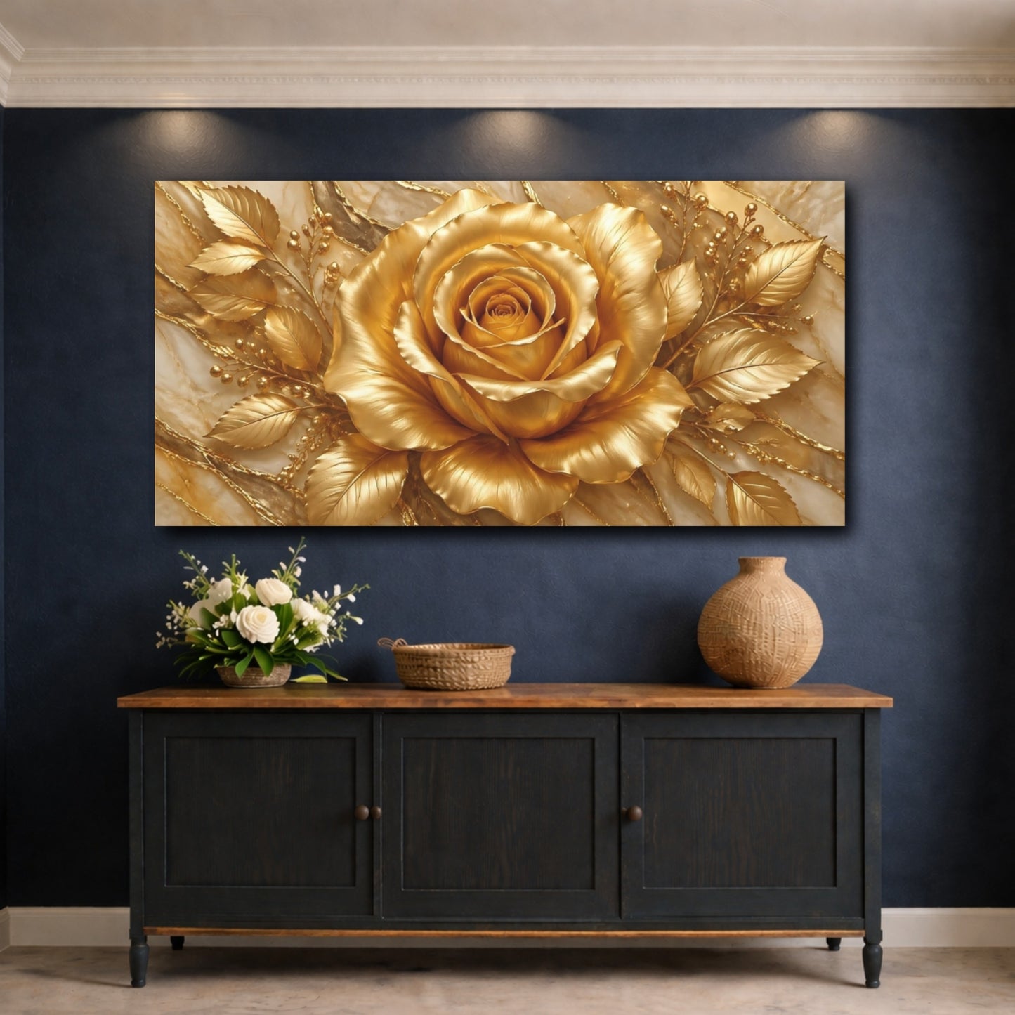 Mockup 4. Floral Golden Rose Gold Floral shown as stretched canvas wall art