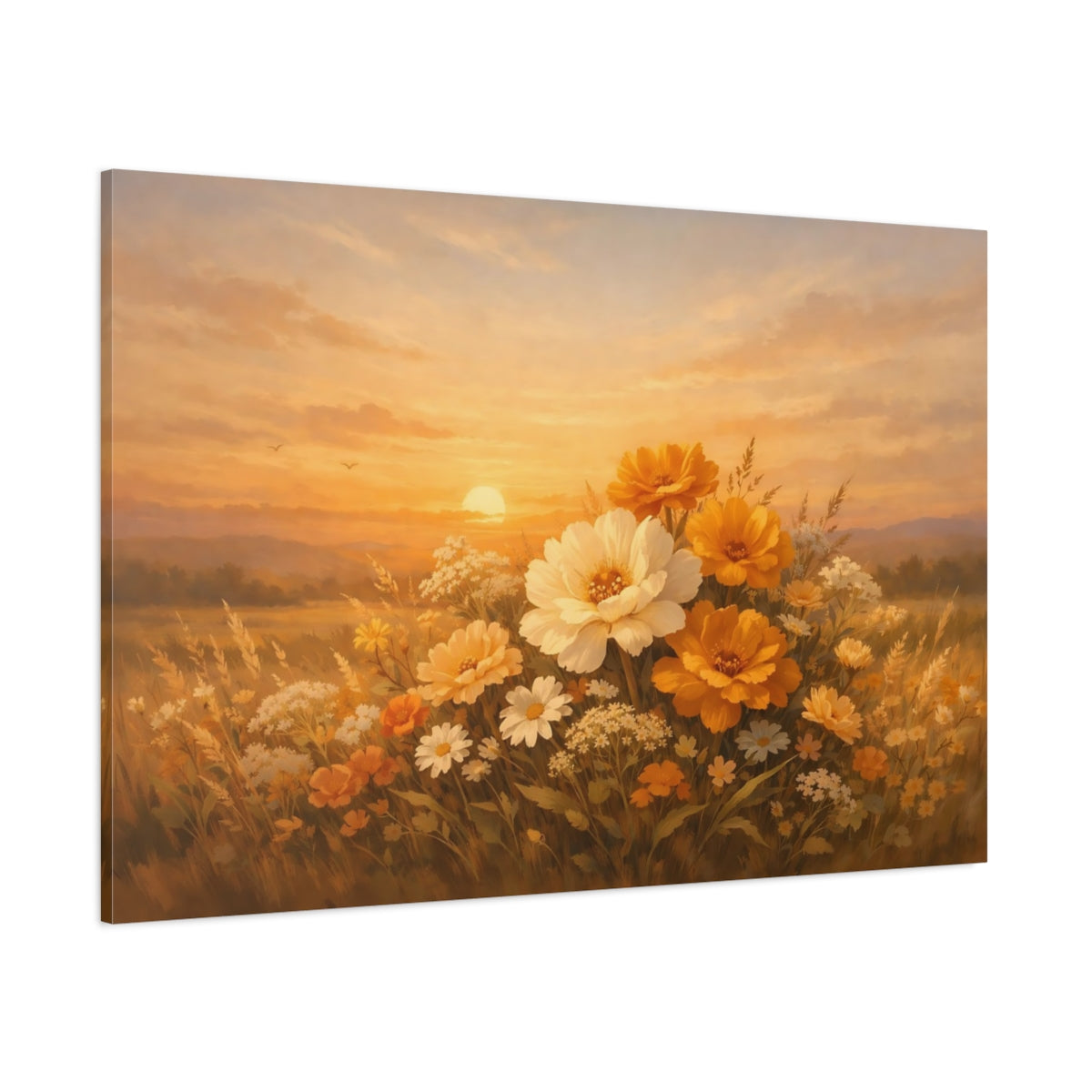 Main Mockup. Floral Golden Sunset shown as stretched canvas wall art