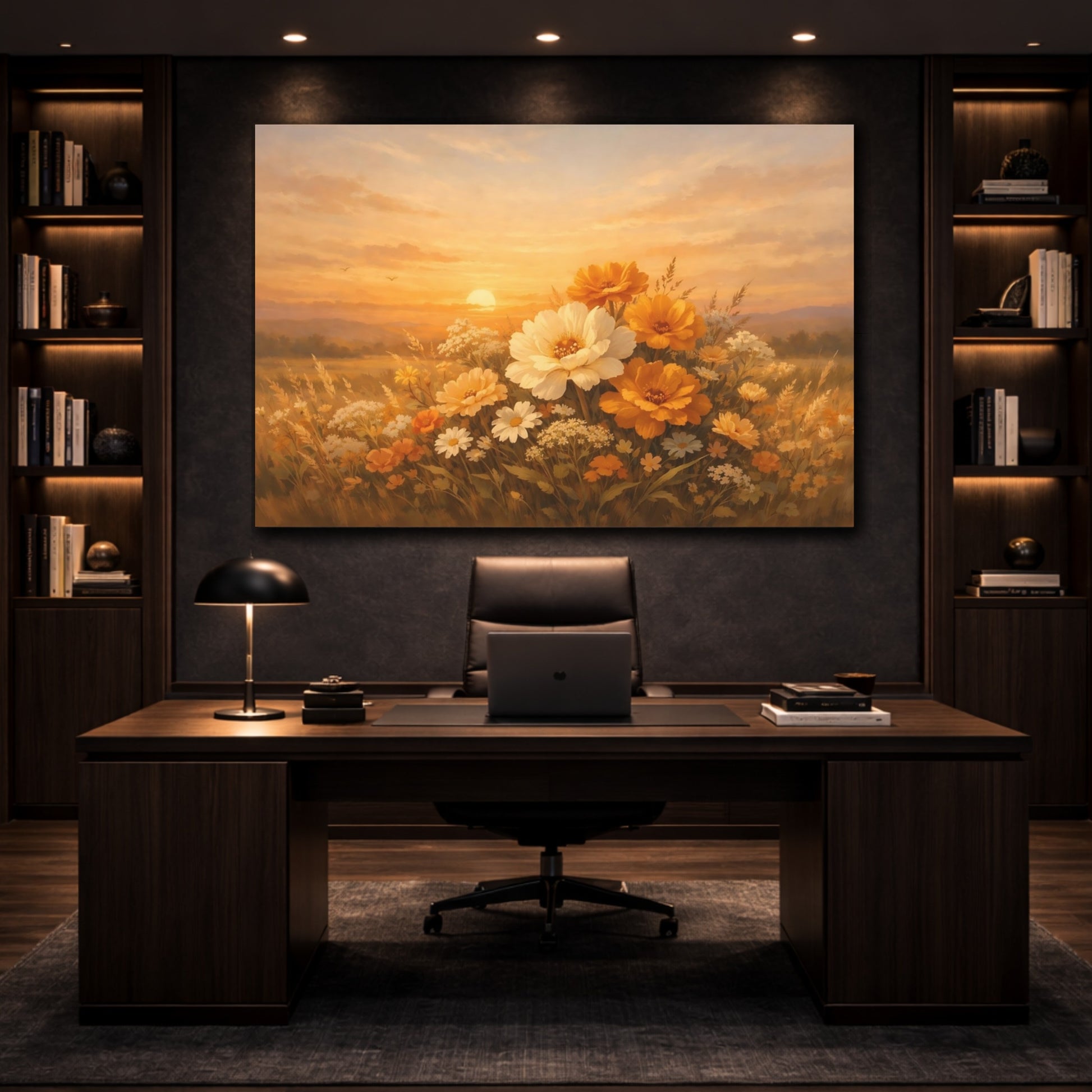 Mockup 2. Floral Golden Sunset shown as stretched canvas wall art