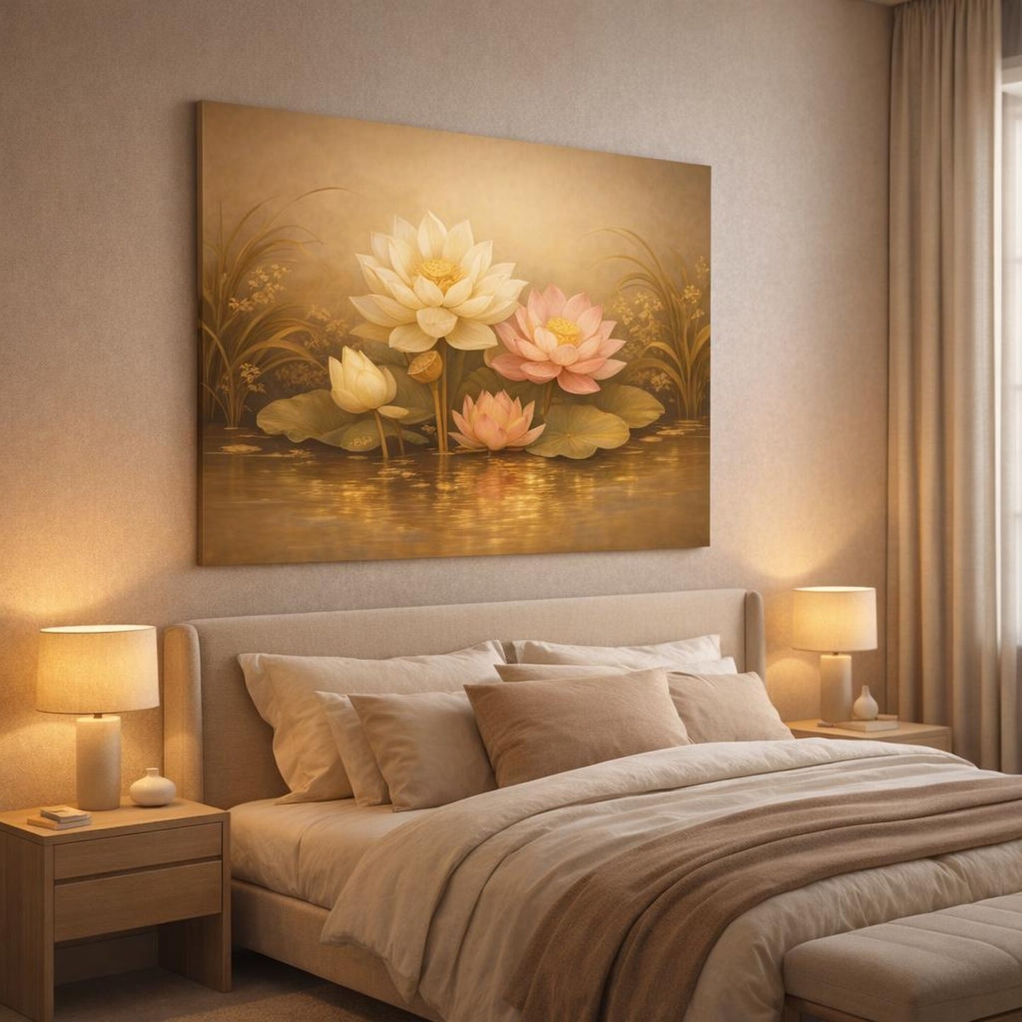 Floral Golden Water shown as canvas wall art in a luxury bedroom