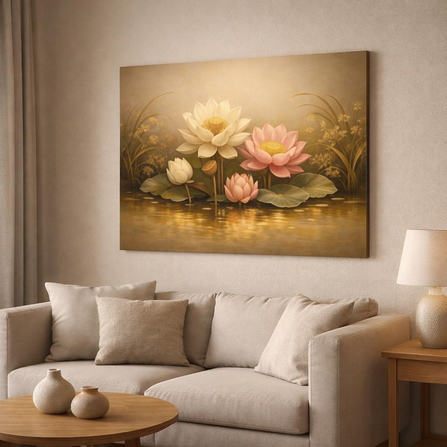 Floral Golden Water shown as canvas wall art in a modern living room