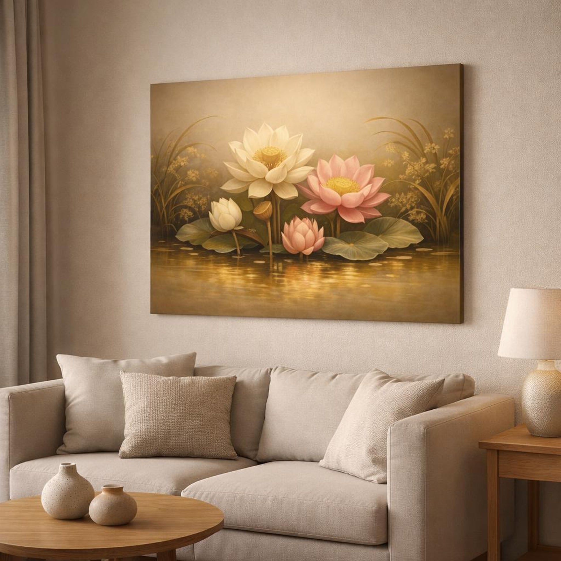 Floral Golden Water shown as canvas wall art in a modern living room
