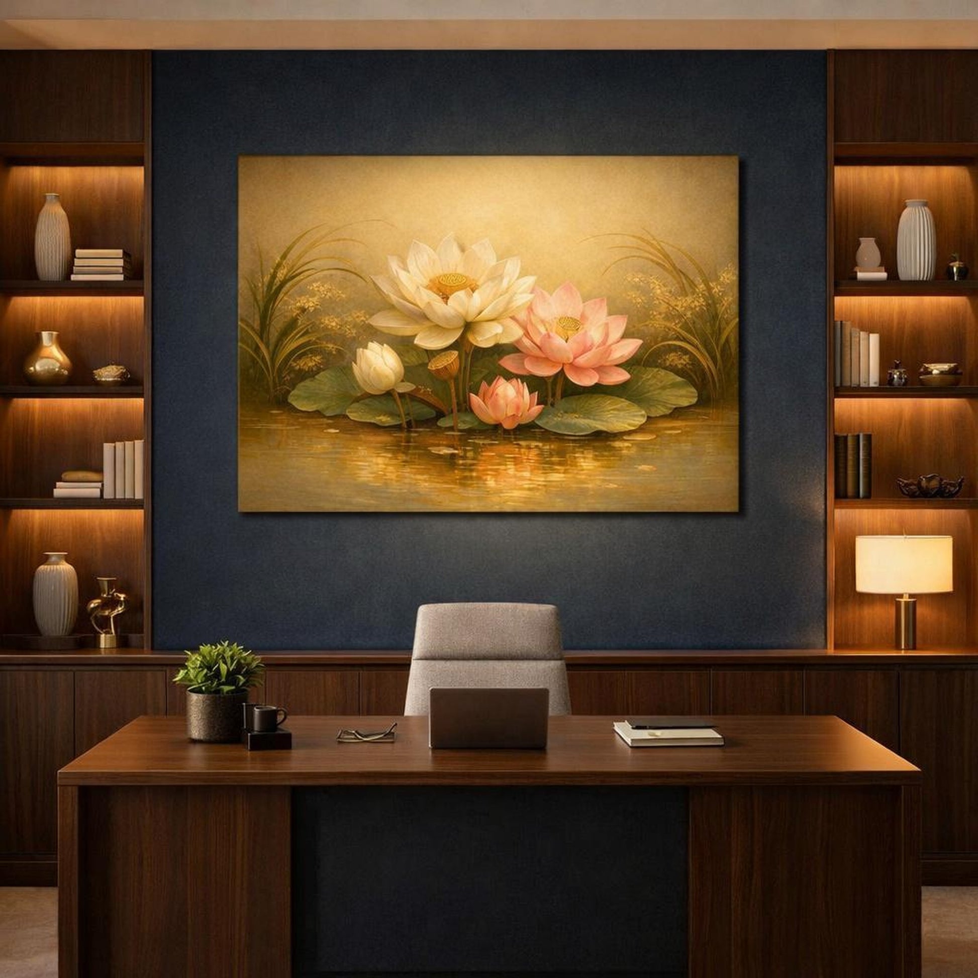 Floral Golden Water shown as canvas wall art in a refined dining room