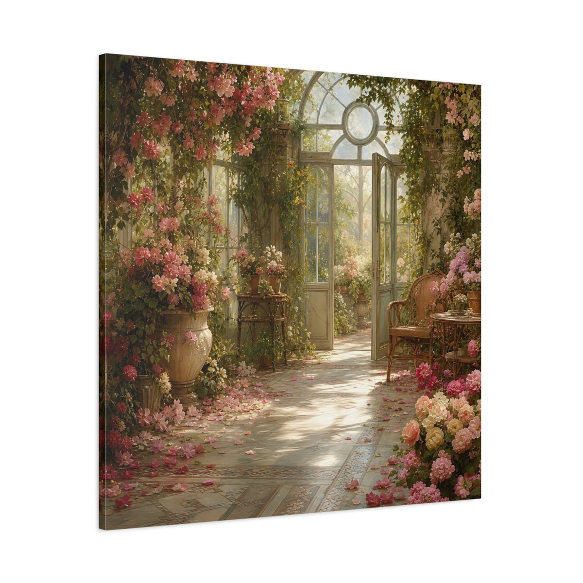 Side Mockup 1. Floral Greenhouse Flowers Pink Floral Greenhouse shown as stretched canvas wall art