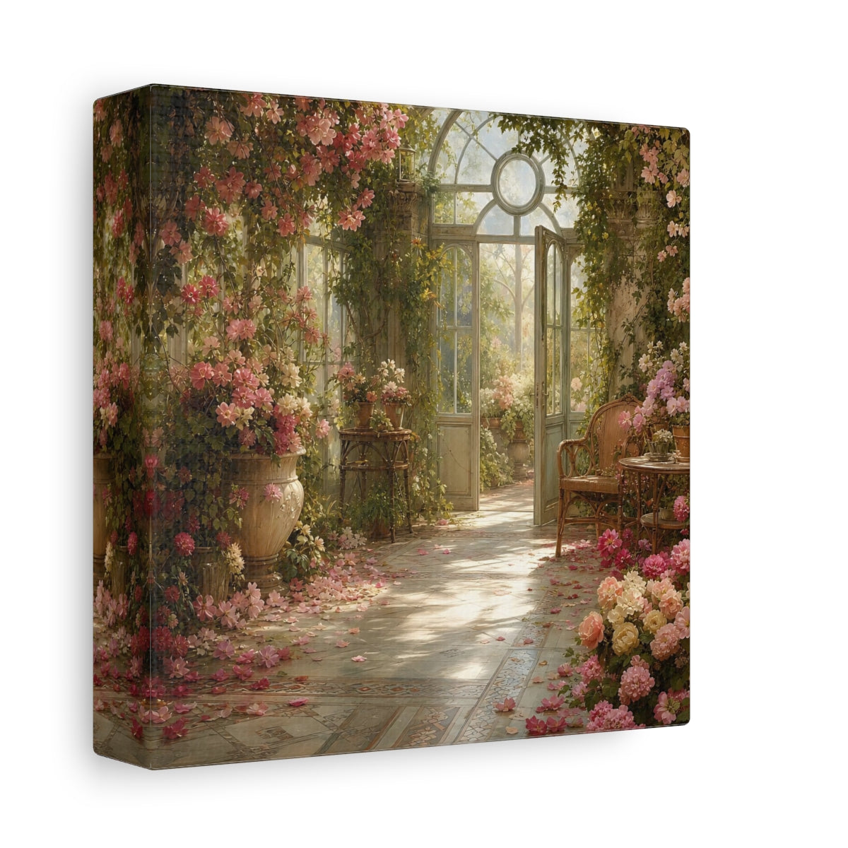 Side Mockup 2. Floral Greenhouse Flowers Pink Floral Greenhouse shown as stretched canvas wall art