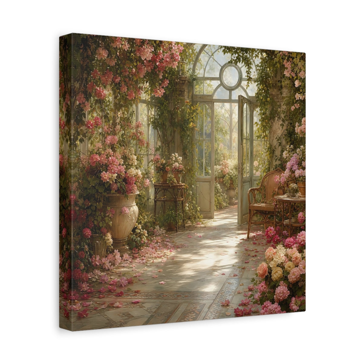 Side Mockup 8. Floral Greenhouse Flowers Pink Floral Greenhouse shown as stretched canvas wall art