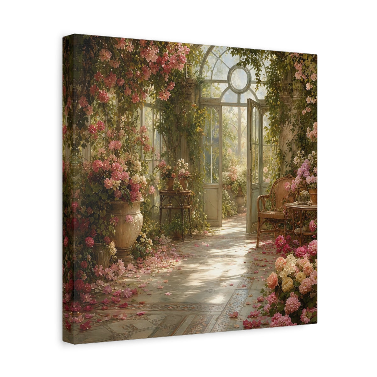 Side Mockup 7. Floral Greenhouse Flowers Pink Floral Greenhouse shown as stretched canvas wall art