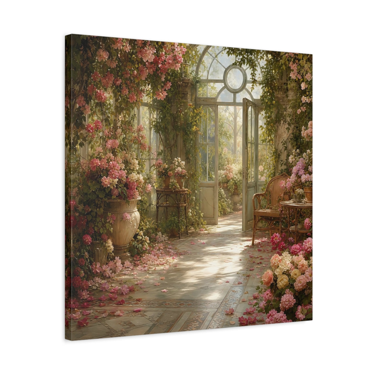 Side Mockup 4. Floral Greenhouse Flowers Pink Floral Greenhouse shown as stretched canvas wall art