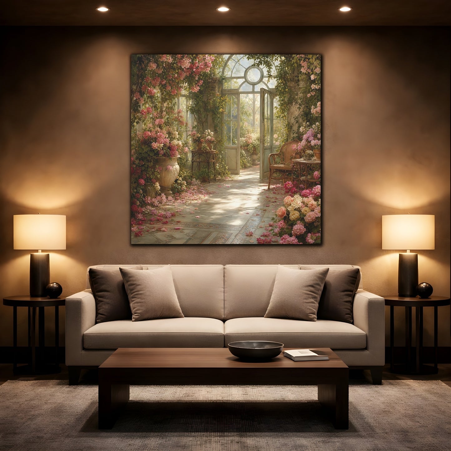 Mockup 2. Floral Greenhouse Flowers Pink Floral Greenhouse shown as stretched canvas wall art