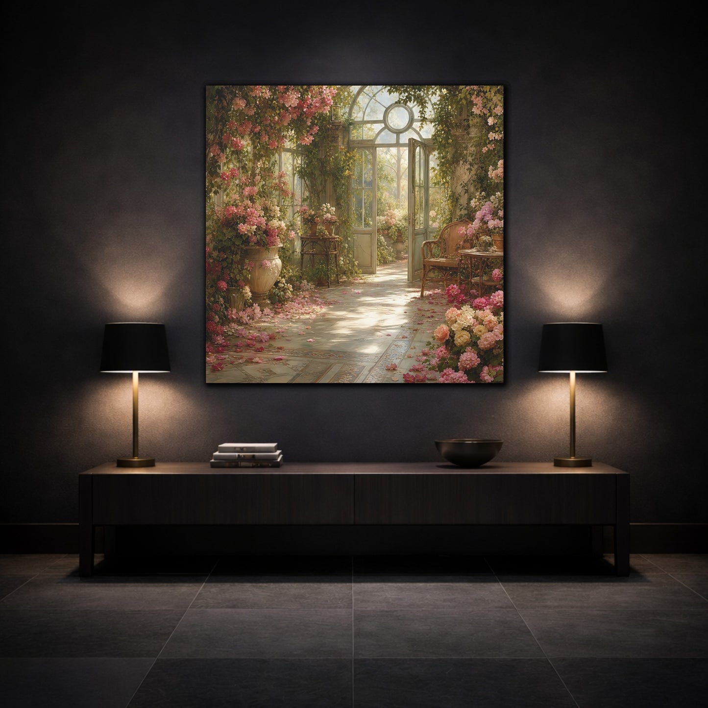 Mockup 3. Floral Greenhouse Flowers Pink Floral Greenhouse shown as stretched canvas wall art