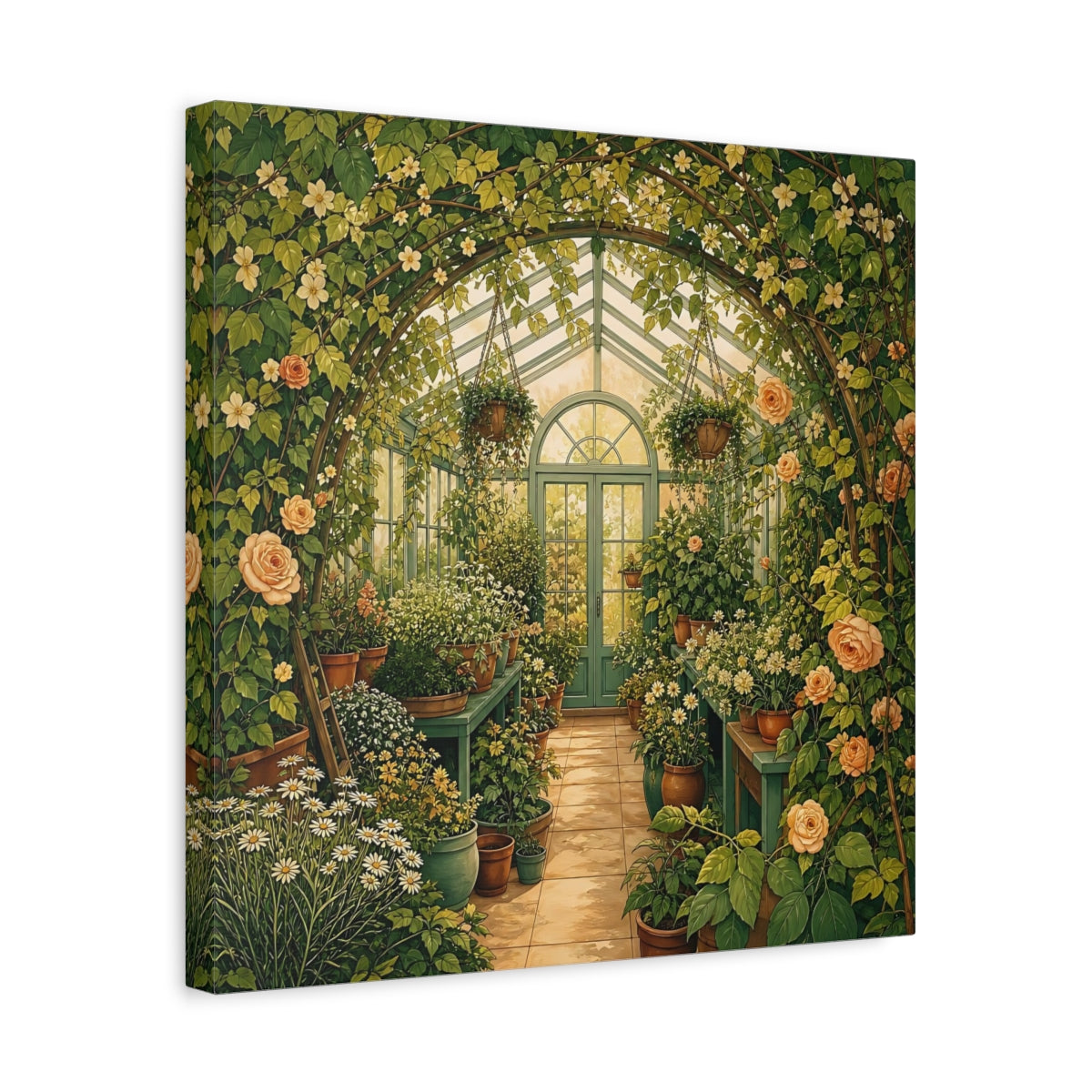Side Mockup 6. Floral Greenhouse Greenhouse Garden shown as stretched canvas wall art