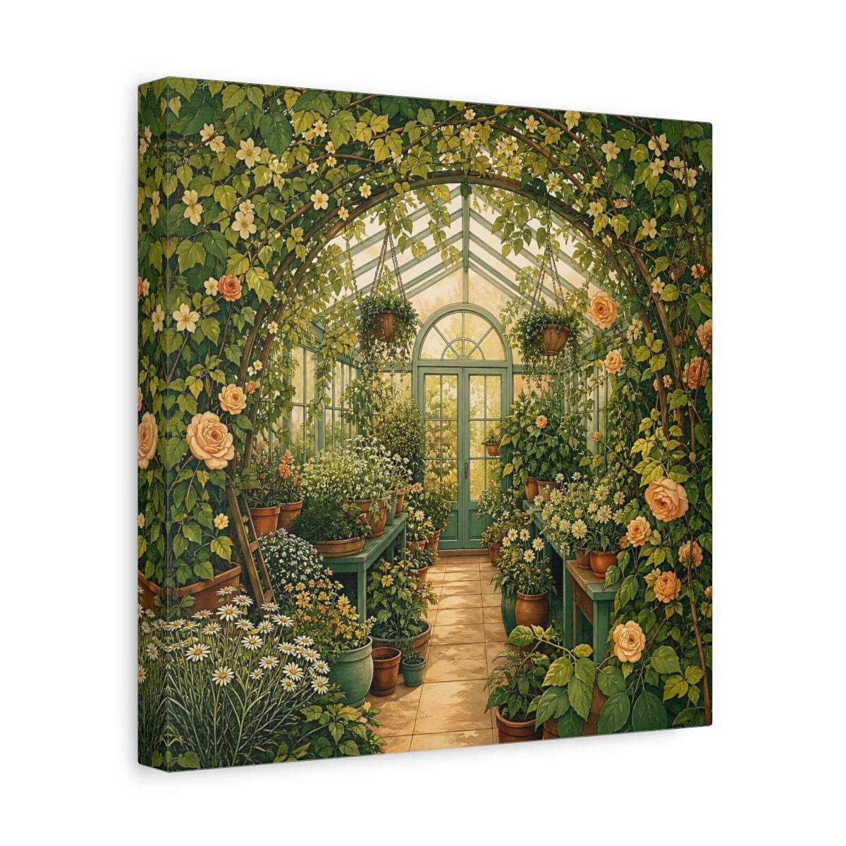 Side Mockup 8. Floral Greenhouse Greenhouse Garden shown as stretched canvas wall art
