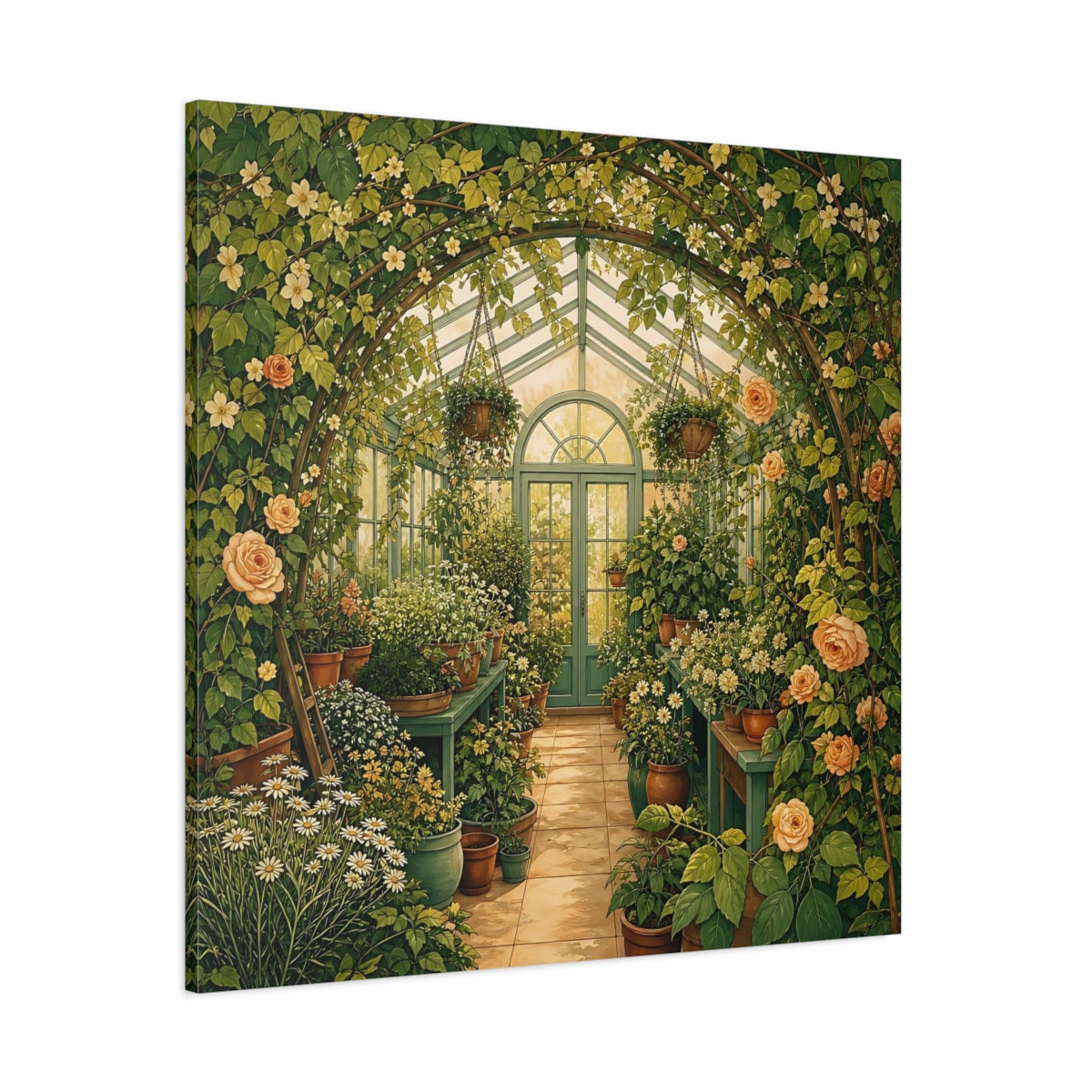 Side Mockup 1. Floral Greenhouse Greenhouse Garden shown as stretched canvas wall art